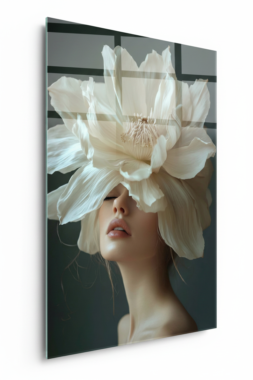 Femme et Fleur de Magnolia Tableau en Verre Trempé