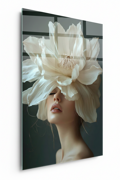 Femme et Fleur de Magnolia Tableau en Verre Trempé
