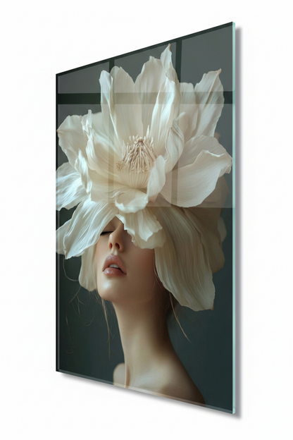 Femme et Fleur de Magnolia Tableau en Verre Trempé