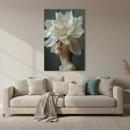Femme et Fleur de Magnolia Tableau en Verre Trempé