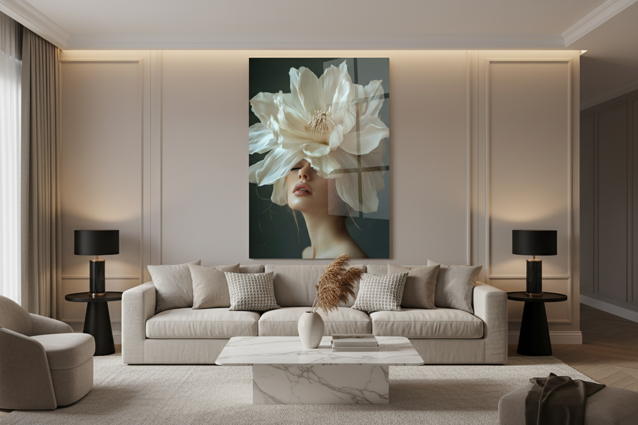 Femme et Fleur de Magnolia Tableau en Verre Trempé