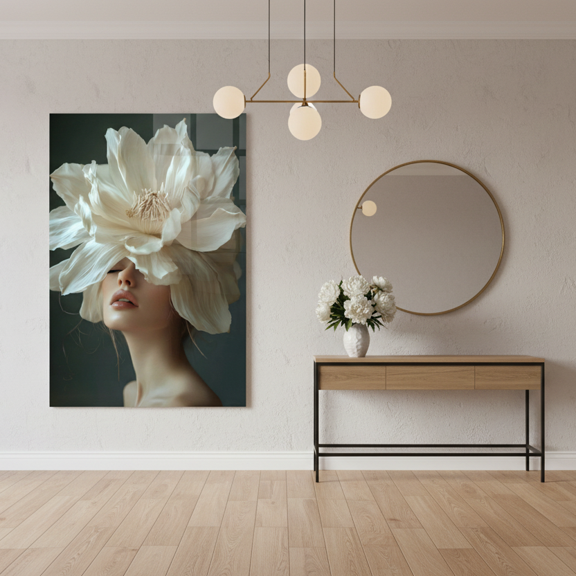 Femme et Fleur de Magnolia Tableau en Verre Trempé