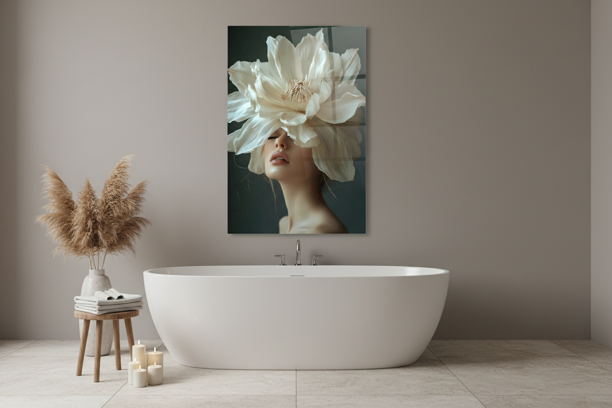 Femme et Fleur de Magnolia Tableau en Verre Trempé