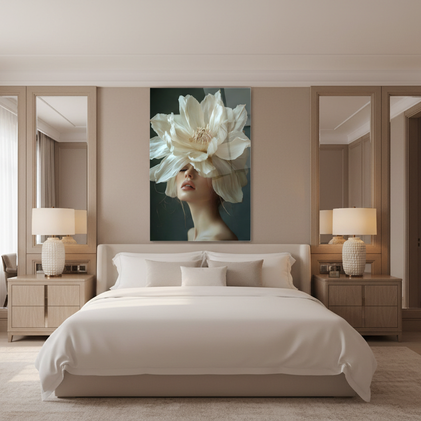 Femme et Fleur de Magnolia Tableau en Verre Trempé