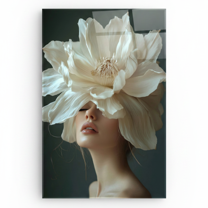 Femme et Fleur de Magnolia Tableau en Verre Trempé