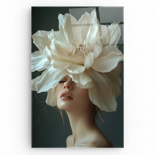Woman with Magnolia Flower Glass Wall Art