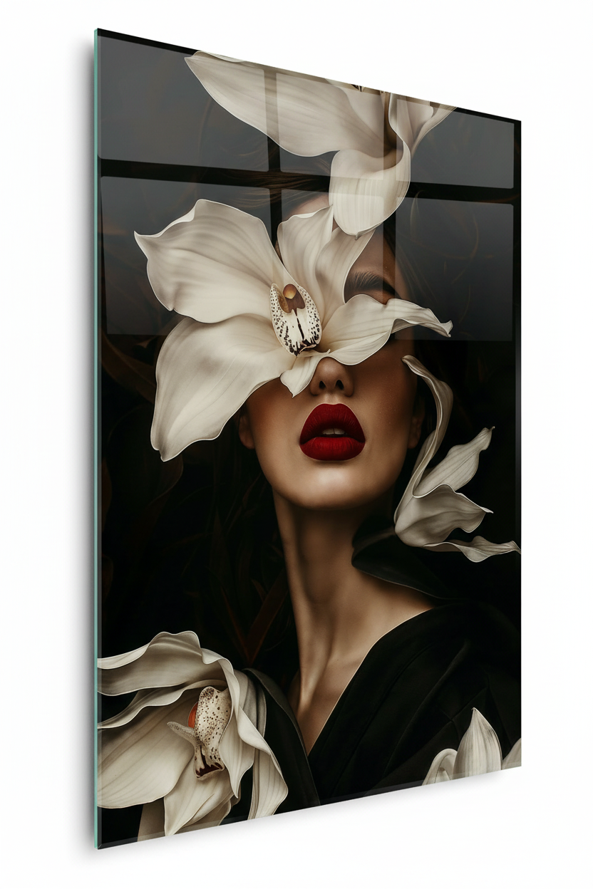 Femme avec une Orchidée Tableau en Verre Trempé