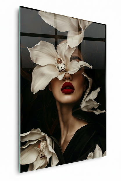 Femme avec une Orchidée Tableau en Verre Trempé