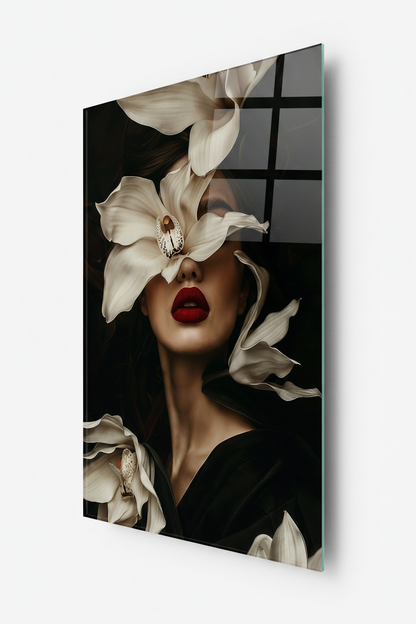 Femme avec une Orchidée Tableau en Verre Trempé