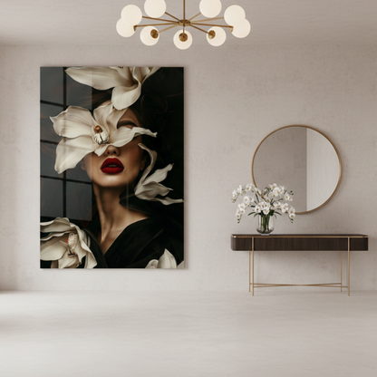 Femme avec une Orchidée Tableau en Verre Trempé