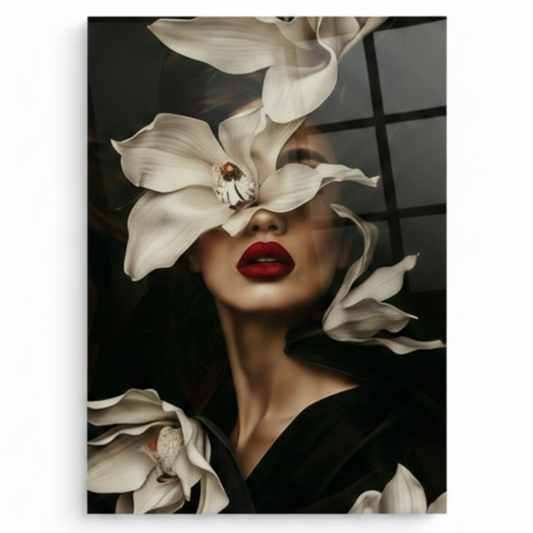 Woman with Orchid Flower Glass Wall Art