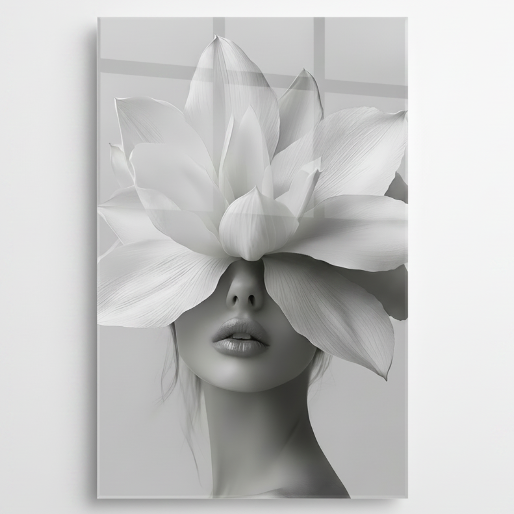 Femme avec une Fleur Tableau en Verre Trempé