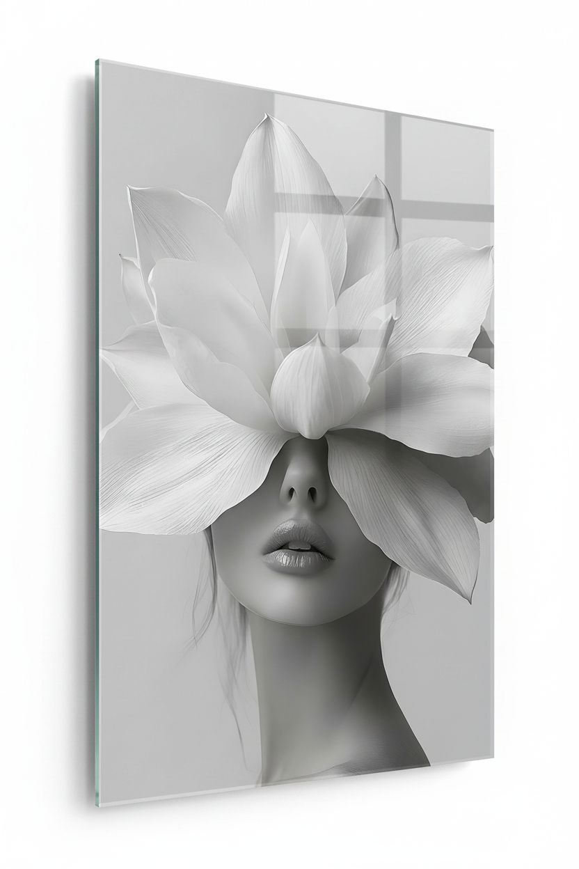 Femme avec une Fleur Tableau en Verre Trempé