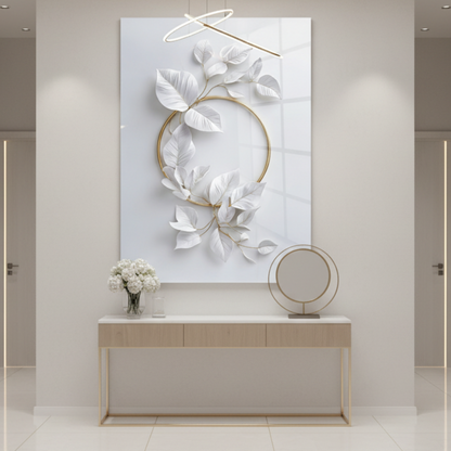 Feuilles Blanches et Dorées Tableau en Verre Trempé
