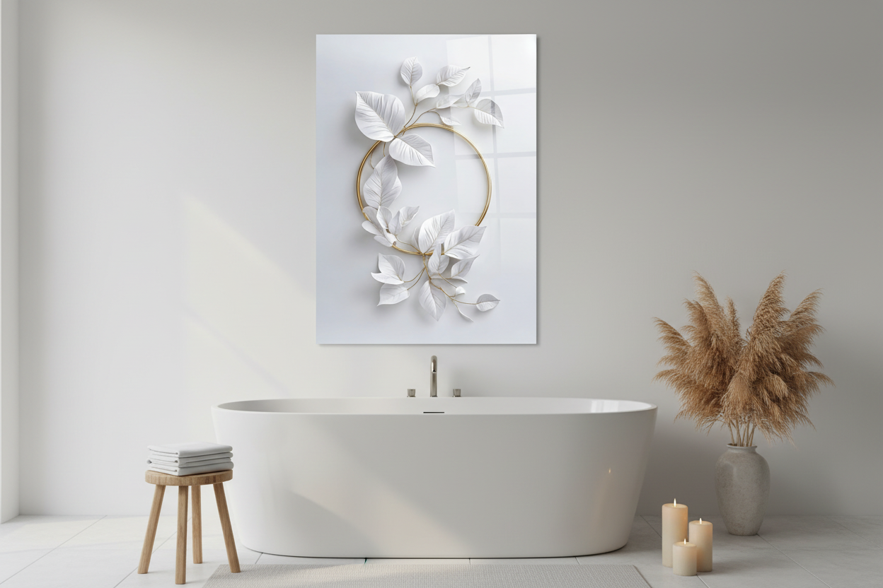 Feuilles Blanches et Dorées Tableau en Verre Trempé