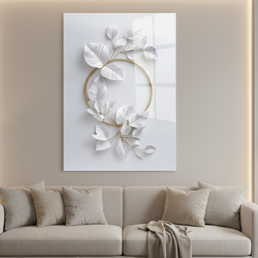 Feuilles Blanches et Dorées Tableau en Verre Trempé