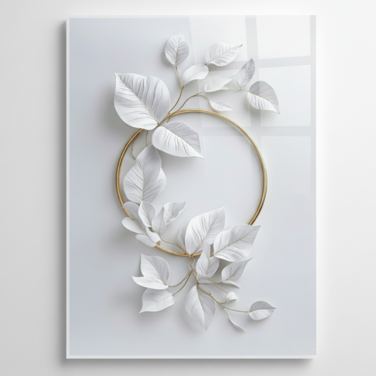 White and Gold Leaves Glass Wall Art