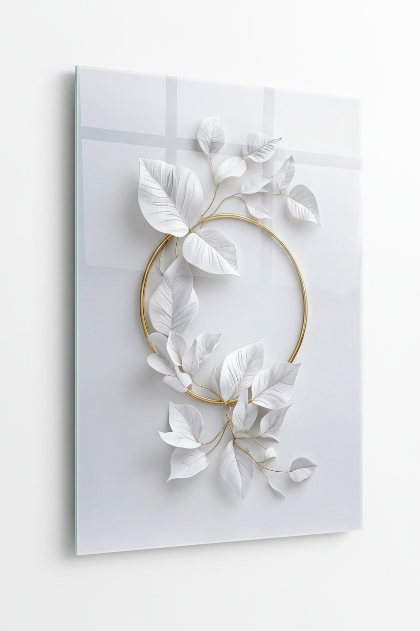 Feuilles Blanches et Dorées Tableau en Verre Trempé