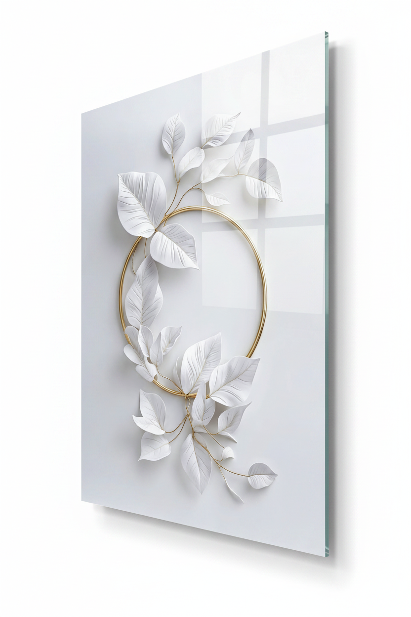 Feuilles Blanches et Dorées Tableau en Verre Trempé