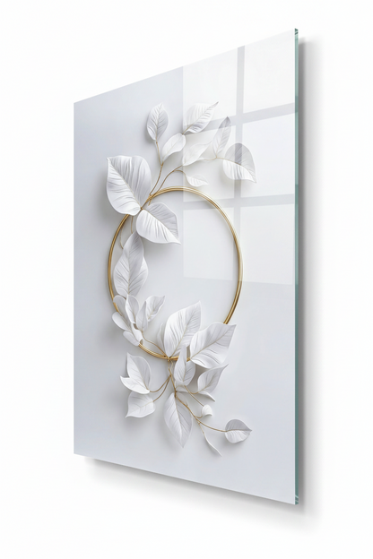 Feuilles Blanches et Dorées Tableau en Verre Trempé
