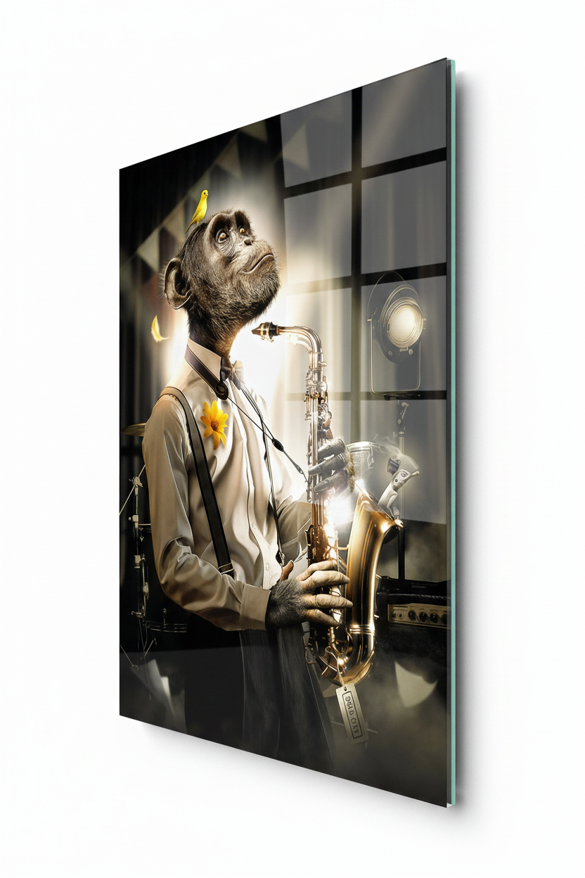 Singe au Saxophone Tableau en Verre Trempé
