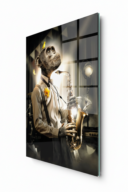Singe au Saxophone Tableau en Verre Trempé