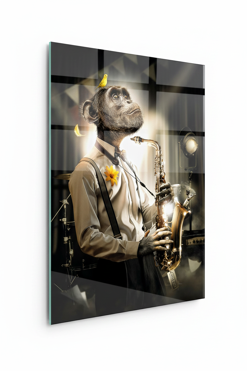 Singe au Saxophone Tableau en Verre Trempé