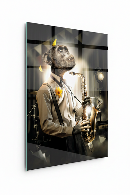 Singe au Saxophone Tableau en Verre Trempé