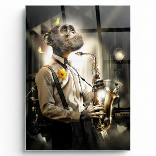 Monkey with Saxophone Glass Wall Art