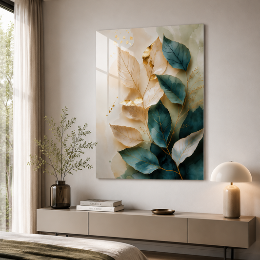 Turquoise Leaves Glass Wall Art