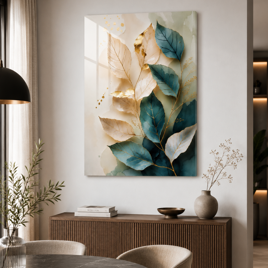 Feuilles Turquoise Tableau en Verre Trempé