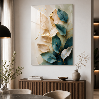 Feuilles Turquoise Tableau en Verre Trempé