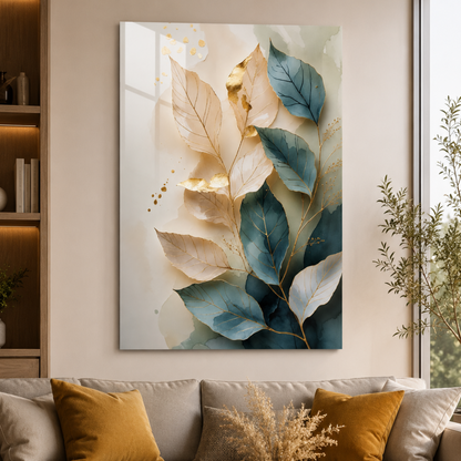 Feuilles Turquoise Tableau en Verre Trempé