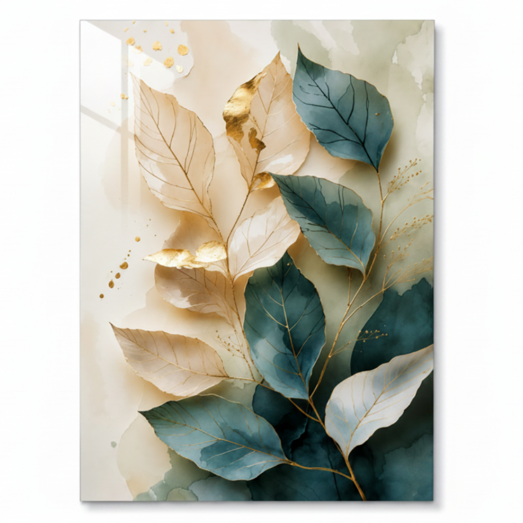 Feuilles Turquoise Tableau en Verre Trempé