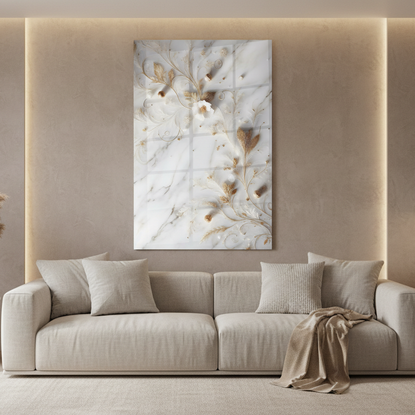 Fleurs Blanches sur Marbre Tableau en Verre Trempé