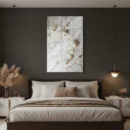 Fleurs Blanches sur Marbre Tableau en Verre Trempé