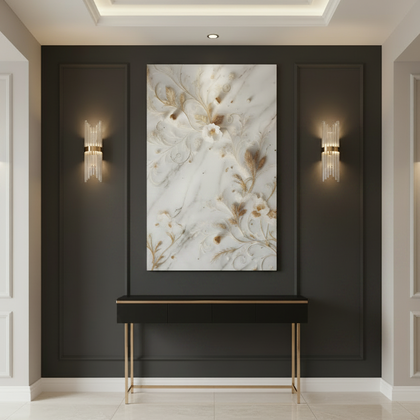 Fleurs Blanches sur Marbre Tableau en Verre Trempé