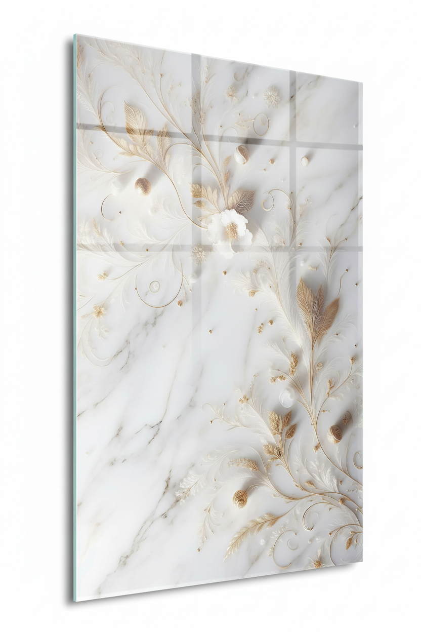 Fleurs Blanches sur Marbre Tableau en Verre Trempé