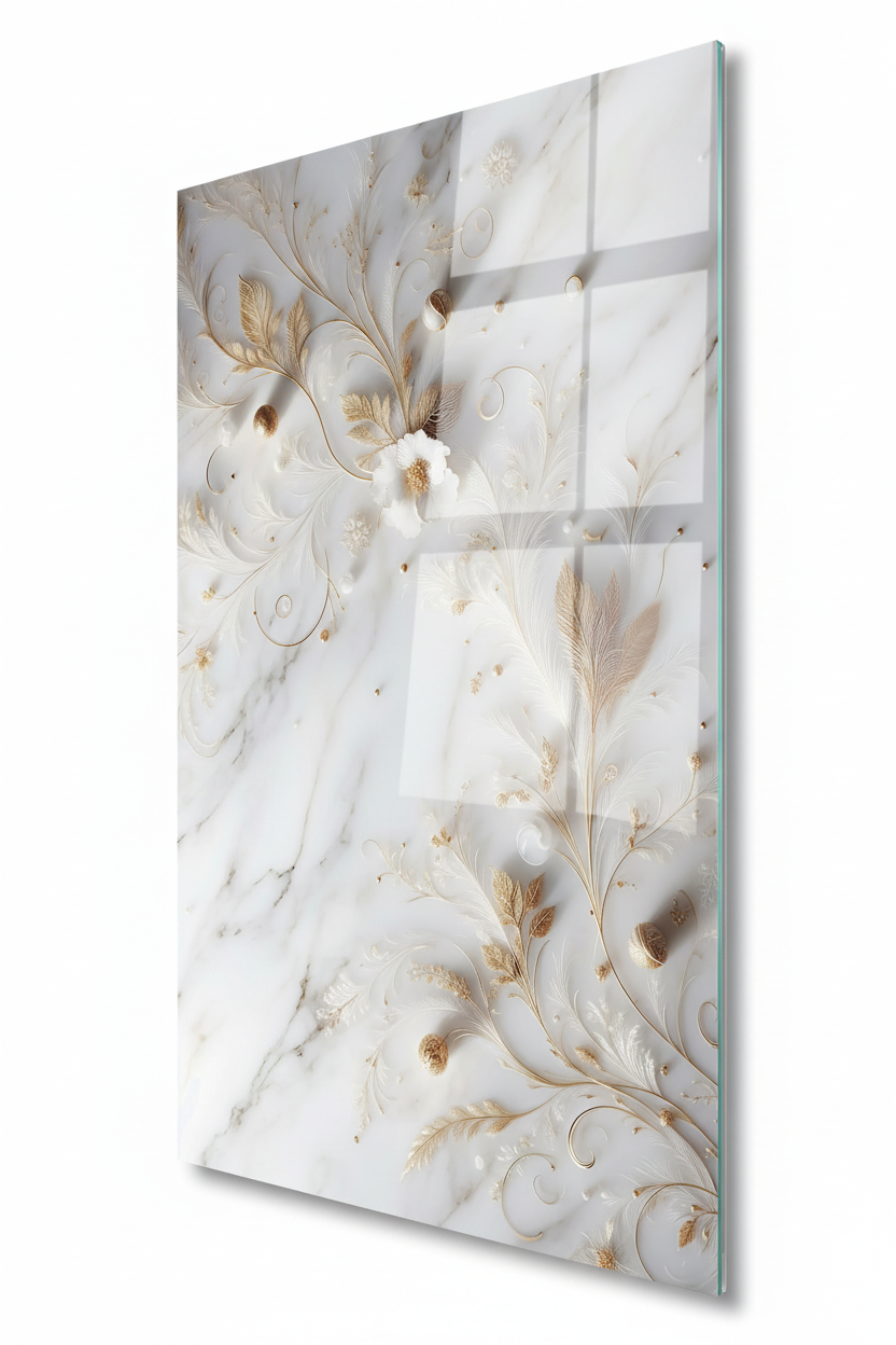 Fleurs Blanches sur Marbre Tableau en Verre Trempé