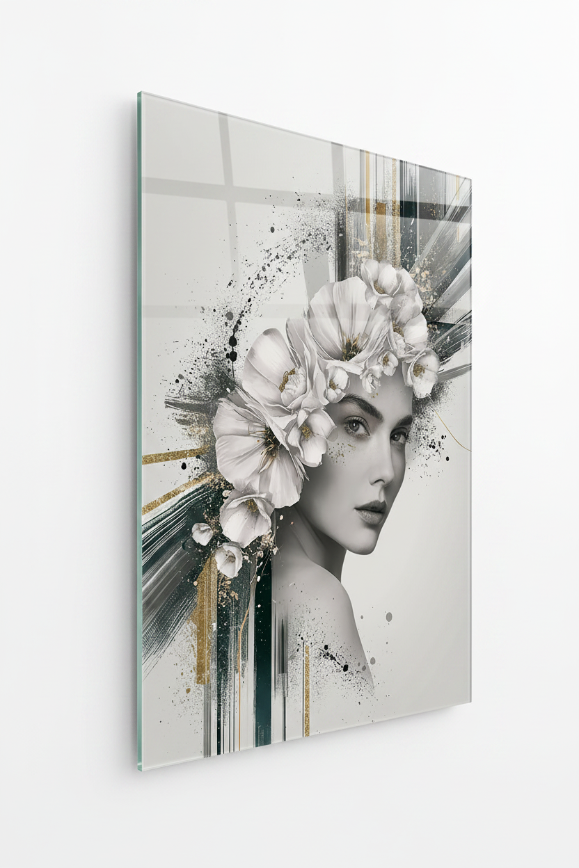 Femme et Fleurs Tableau en Verre Trempé
