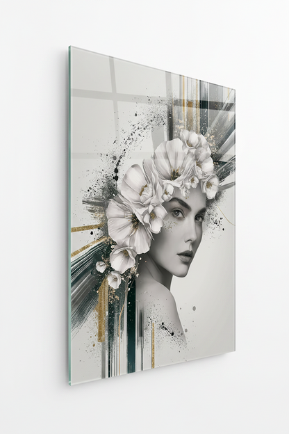 Femme et Fleurs Tableau en Verre Trempé
