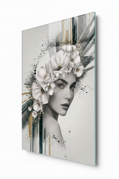 Femme et Fleurs Tableau en Verre Trempé