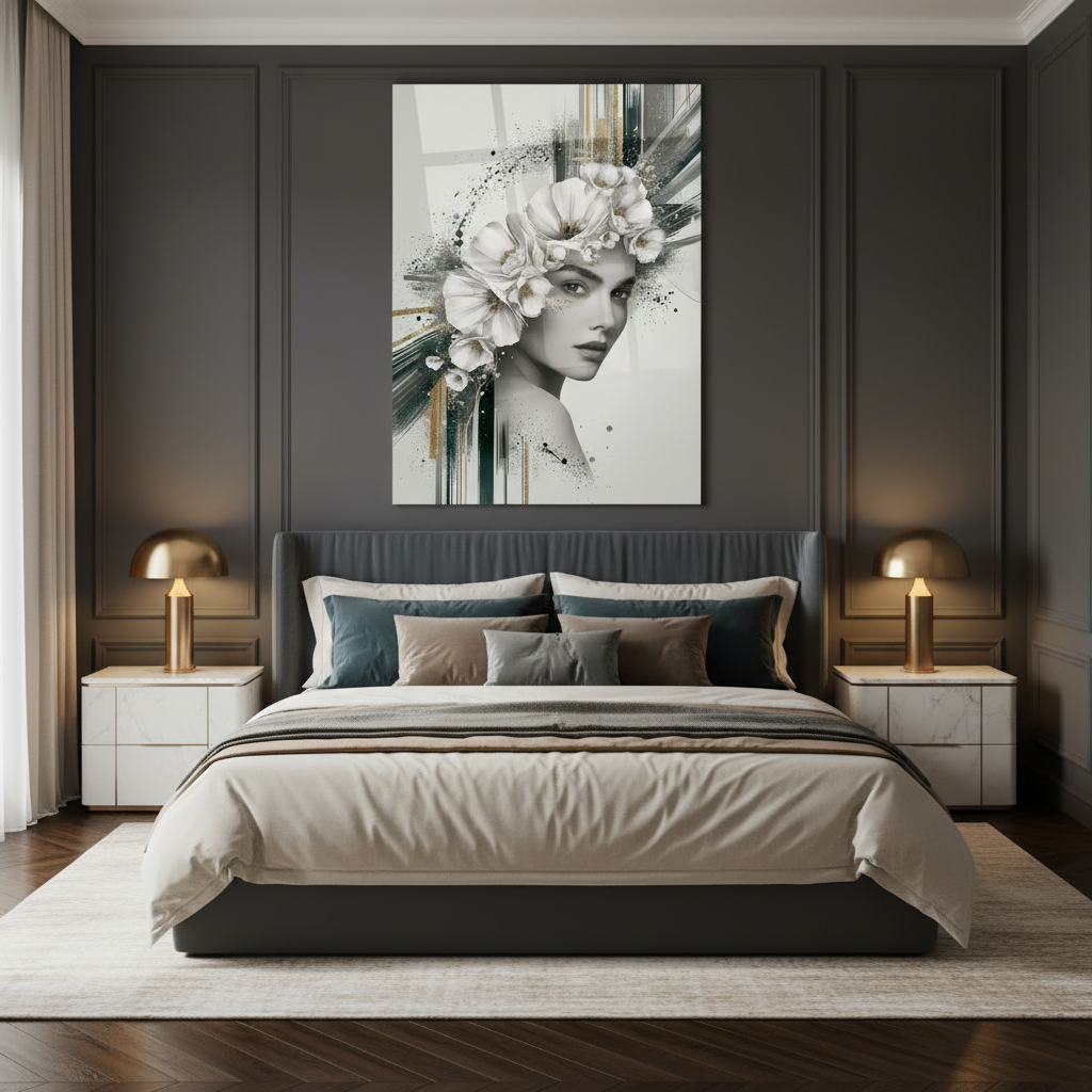 Femme et Fleurs Tableau en Verre Trempé