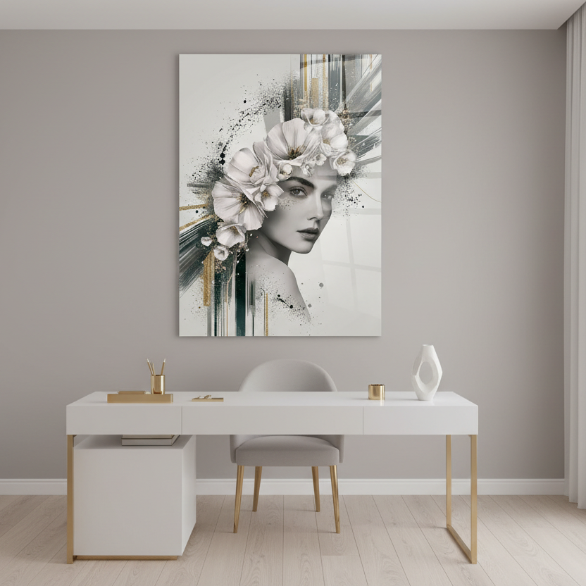 Femme et Fleurs Tableau en Verre Trempé
