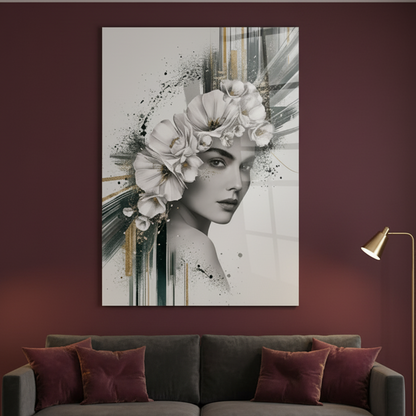 Femme et Fleurs Tableau en Verre Trempé
