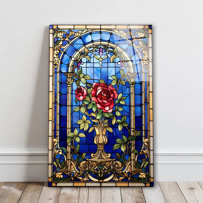 Red Rose Stained Glass Wall Art - LUXARTDECO