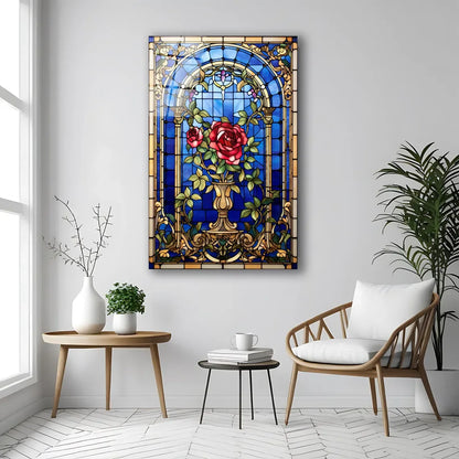 Red Rose Stained Glass Wall Art - LUXARTDECO