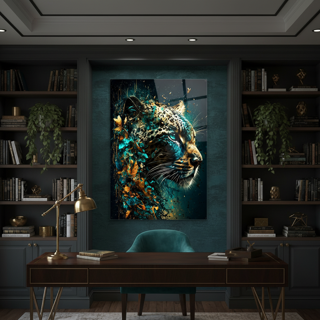 Léopard Botanique Tableau en Verre Trempé