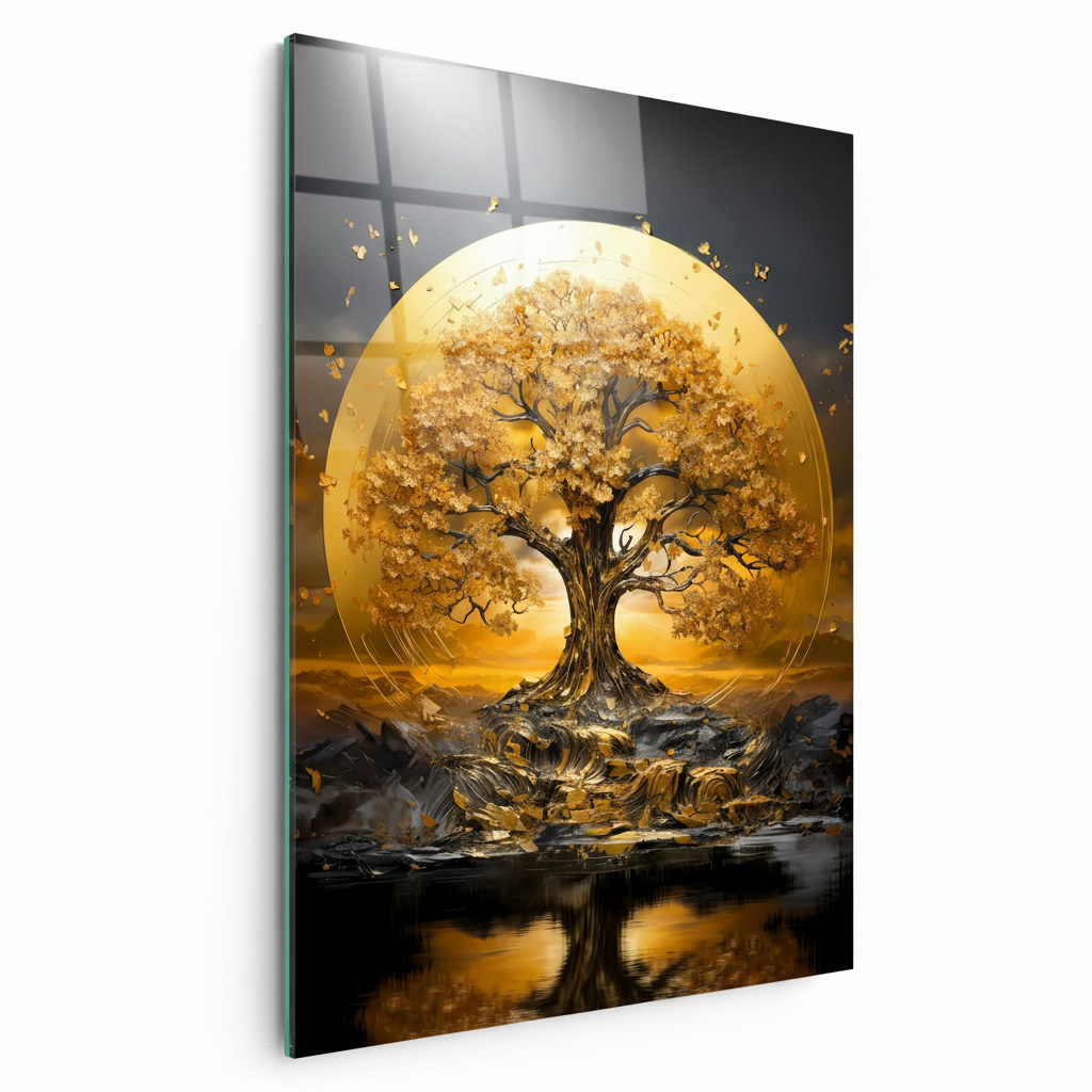 Arbre d'or de la Vie Tableau en Verre Trempé