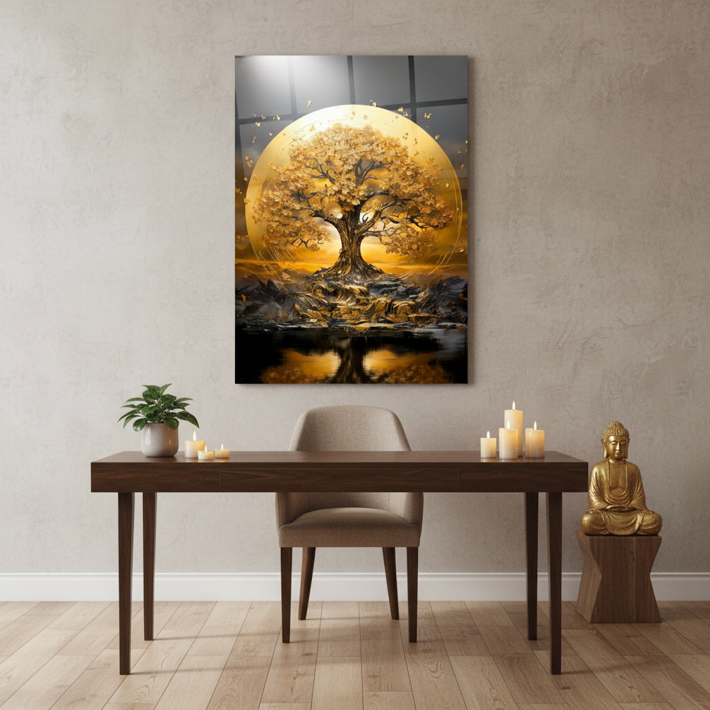 Arbre d'or de la Vie Tableau en Verre Trempé
